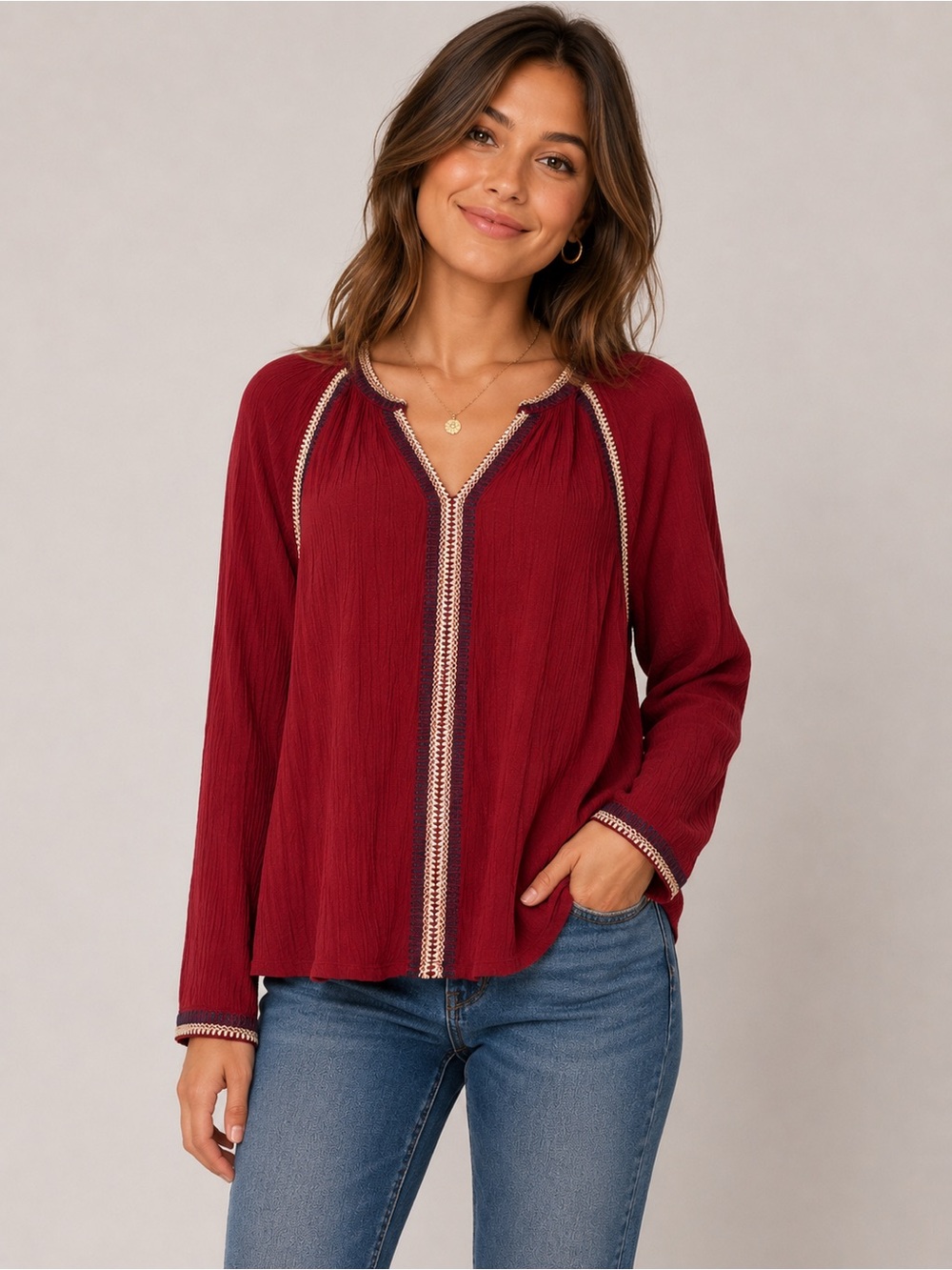 Garnet Hill Gauzy Embroidered Long Sleeve Top Womens Size M Maroon Boho Peasant